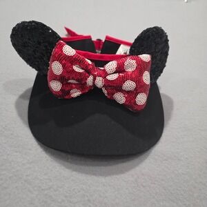 Disney Parks Minnie Mouse Sequin Ears Polka Dot Bow Black Red Visor Hat